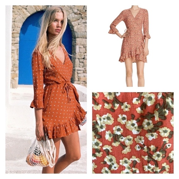NWT FAITHFULL THE BRAND Floral Carmel Mini Wrap Dress Blossom Village Size 2/XS - Picture 1 of 9